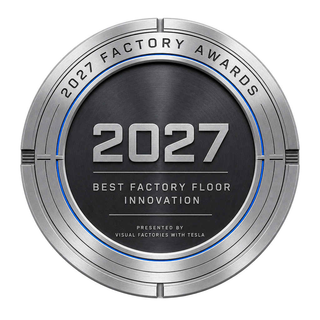 2027 Factory Awards, Best Factory Floor Innovation badge, presented by Visual Factories together with Tesla